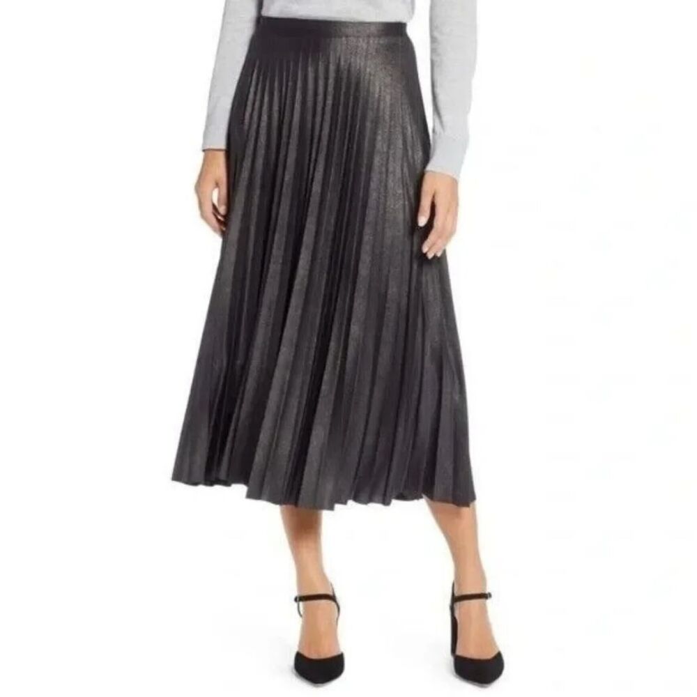 GAP Metallic Pleated Midi Skirt Size Large Gray Cast Iron Glam Party Cocktail